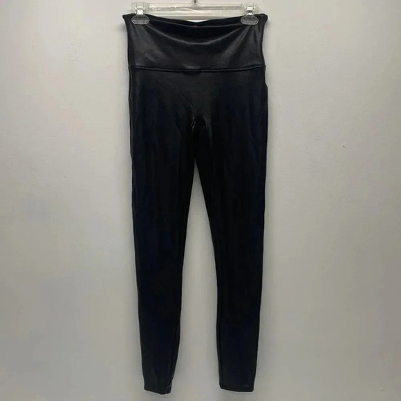 Spanx Faux Leather Leggings Vegan Pull On Pants Stretch Shiny Black Size L Large - Picture 2 of 8